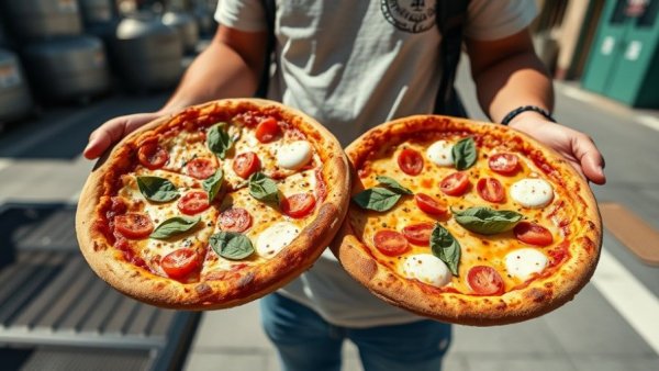 Person holding fresh pizzas outdoors, healthy lifestyle changes.
