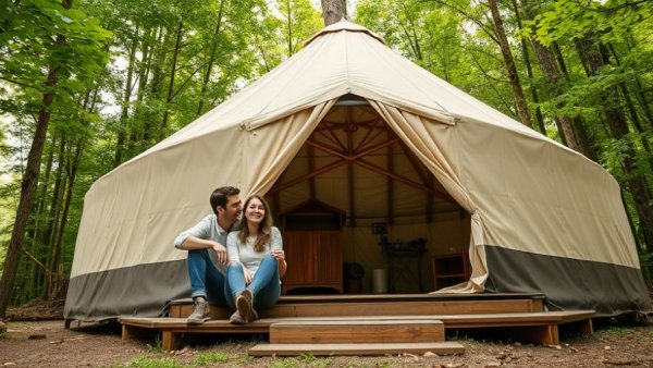 Yurt living in forest scenery.