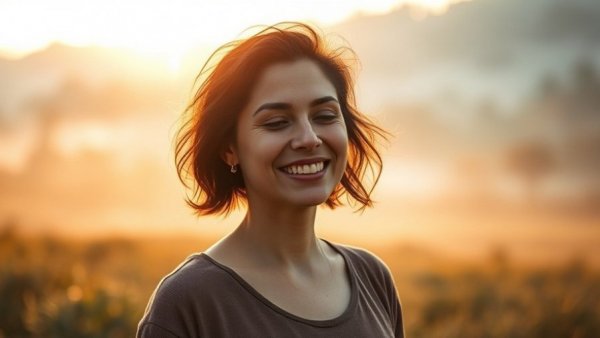 Mindfulness meditation for chronic pain relief; serene scene with smiling woman promoting meditation.