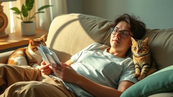 Person reading a book with a cat, cozy and inspiring setting