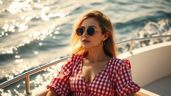 Woman by the sea in gingham print summer fashion.