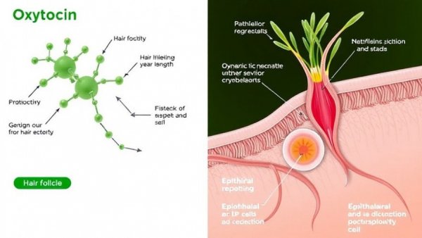 Illustration of oxytocin's impact on hair growth through dermal papilla cells.