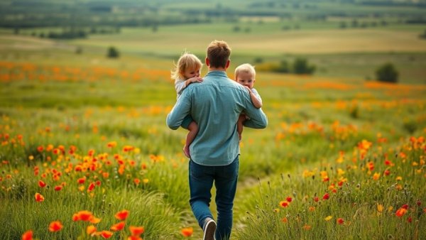 Mindful gardening concept with family in poppy field.