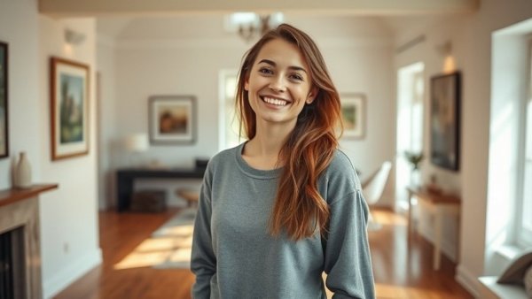 Young woman standing in stylish home, showcasing modern lifestyle tips.