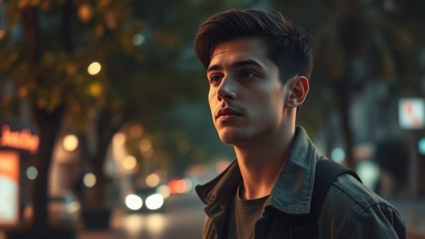 Contemplative young man outdoors at night, showcasing early indicators of anxiety in adults.