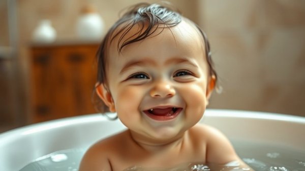 Happy baby in bath, smiling with wet hair, just add water for weight loss theme.