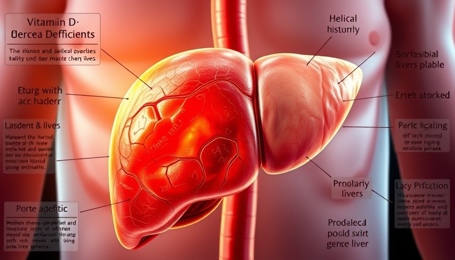 Illustration of vitamin D deficiency effects on liver with annotations.
