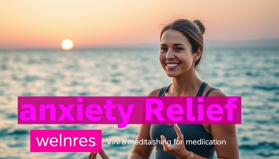 SOS Meditation for Anxiety Relief promotional image with smiling facilitator and calm sunset background.