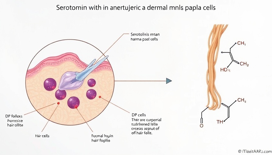 Diagram showing hormonal influences on dermal papilla cells with serotonin.