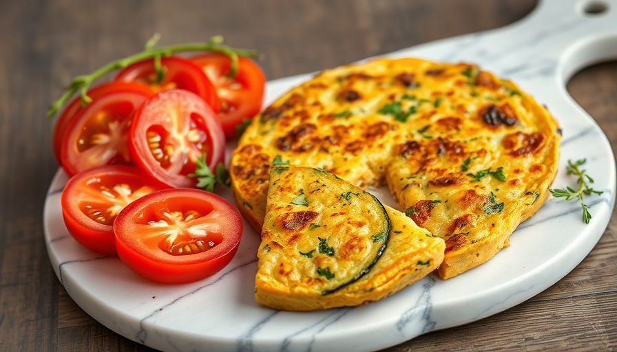 Zucchini Frittata Recipe with tomato slices, served on a marble board.