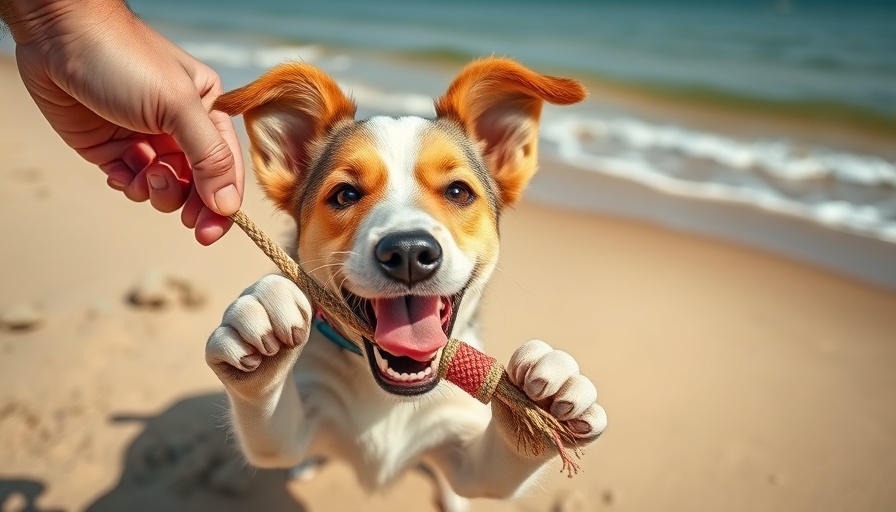 Energetic dog playing tug-of-war on the beach, balanced lifestyle routine.