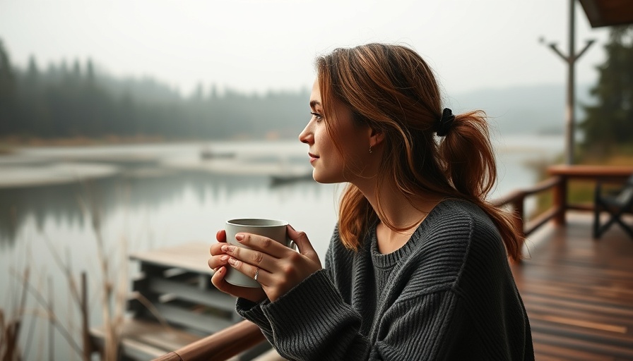 Woman embracing the moment on a misty lake dock, how to feel present and stay present.
