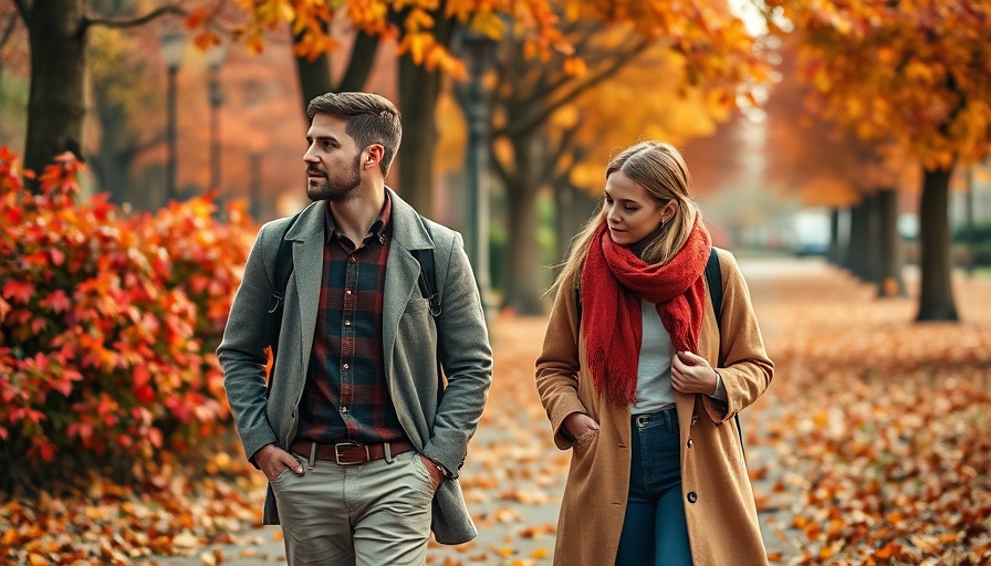 Classic fall fashion in park with vibrant autumn leaves.