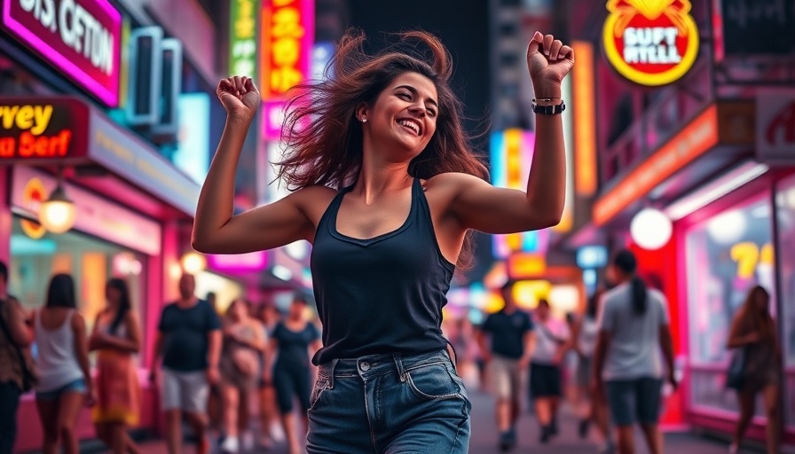 Energetic dancer in flow state on vibrant city street.