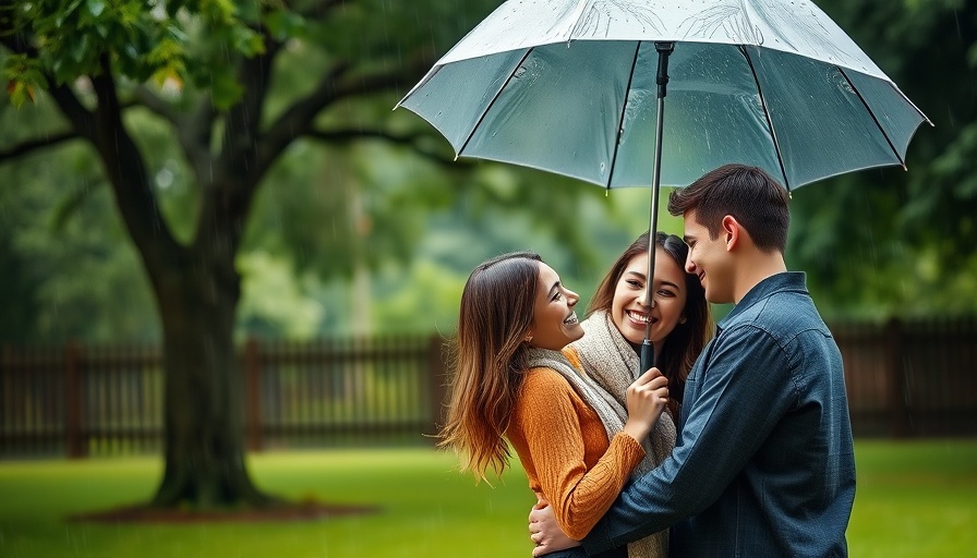 Young couple sharing an umbrella in a park, embodying modern lifestyle tips.