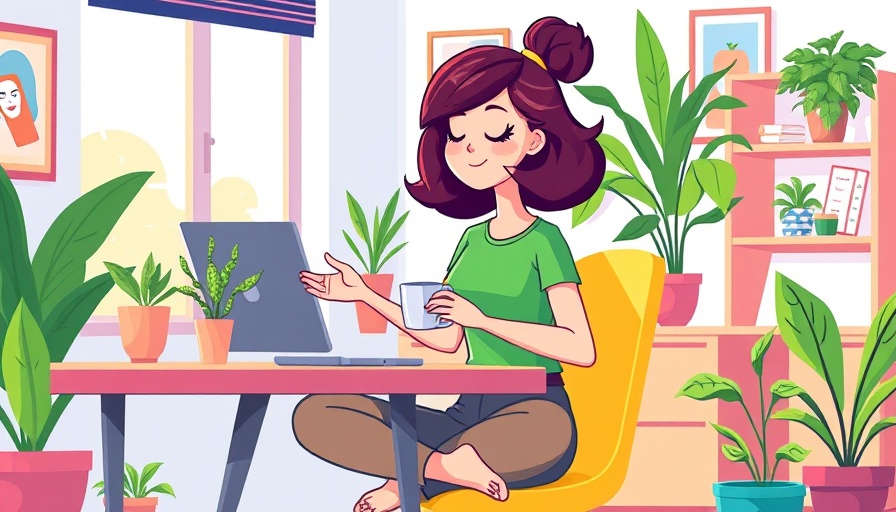 Cartoon woman meditating at desk with tea and plants.