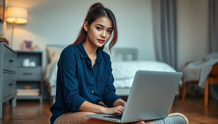 Woman smiling on floor with laptop in cozy room.