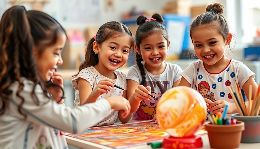 Two young girls smiling while making mindful marble art for kids.