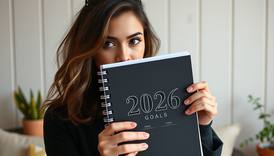 Young woman holding 2026 goals planner in cozy setting.