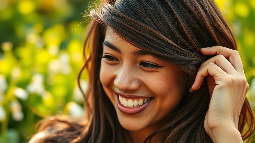 Smiling person with thick hair in a garden, showcasing hair regrowth products.