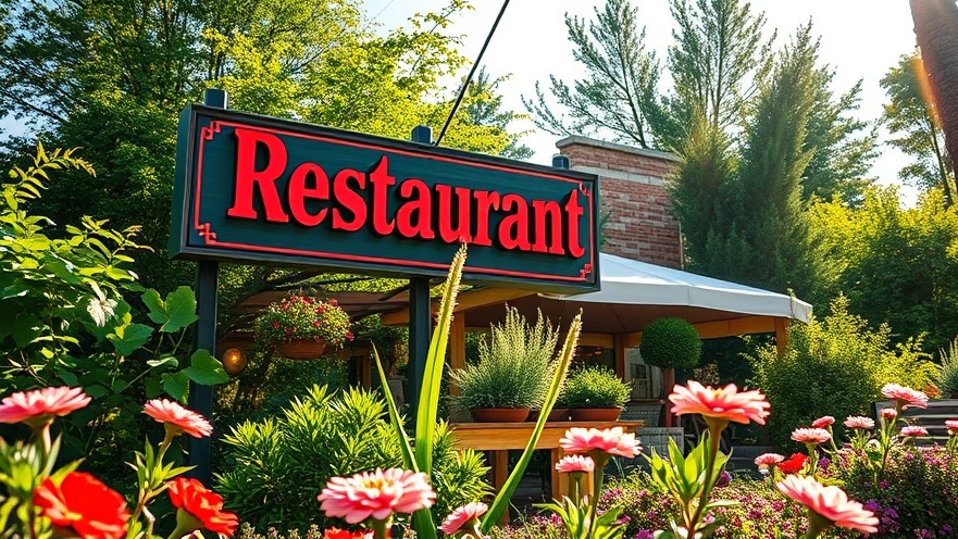 Vibrant restaurant sign in lush garden, showcasing dining promotions in the restaurant industry.