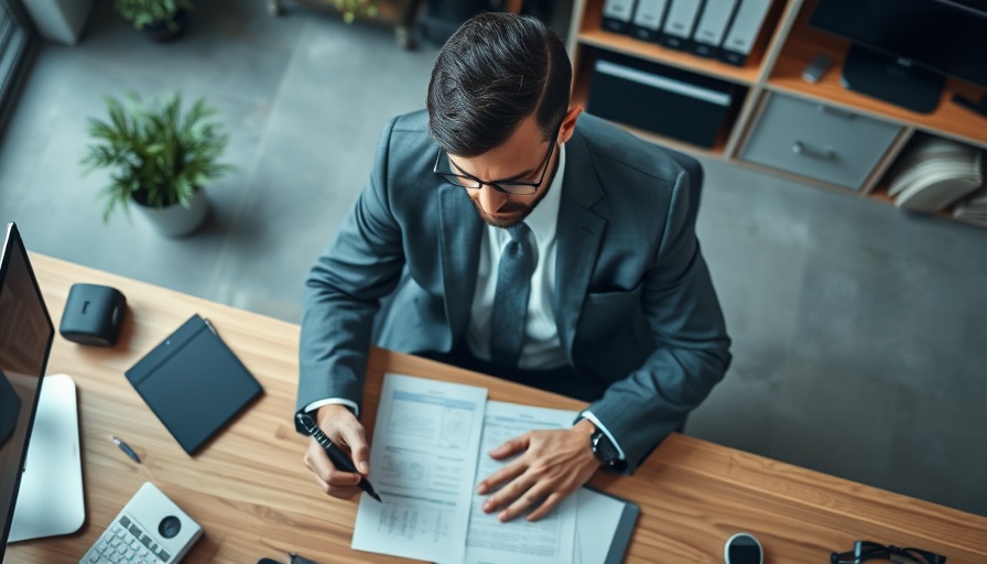 Modern business desk with professional analyzing documents, future of business.