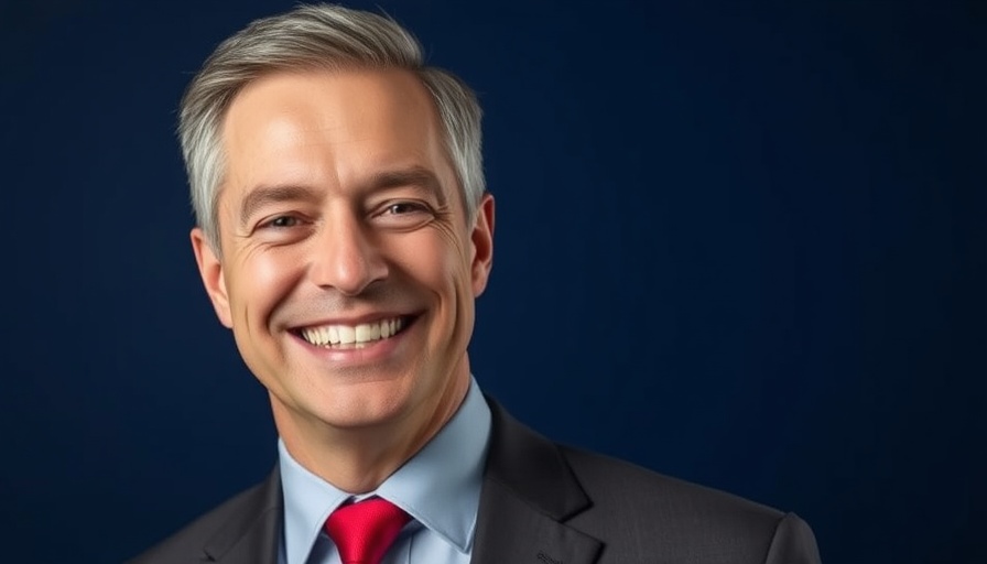 Confident businessman smiling against navy background, future of business.