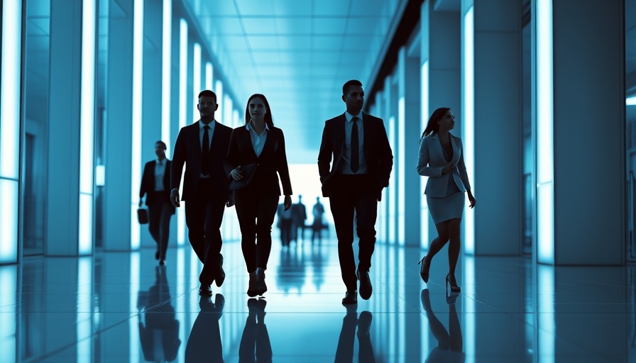 Futuristic business professionals walking through modern space