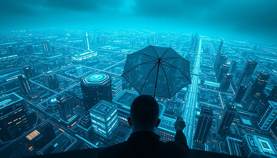 Futuristic IT risk management concept with digital cityscape.