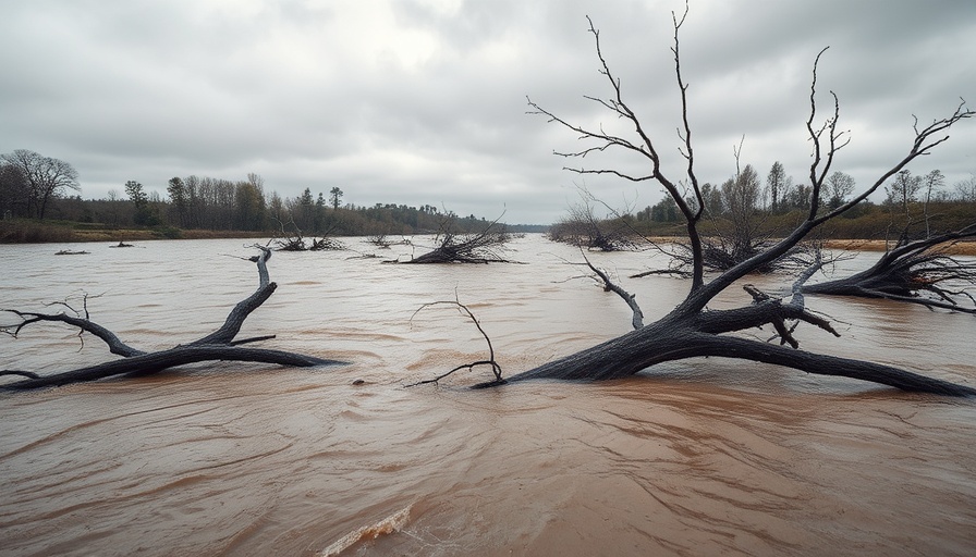 Texas floods impact with trees in river, somber scene.