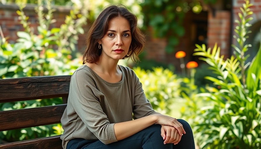 Woman seated on a garden bench with greenery background, natural light.