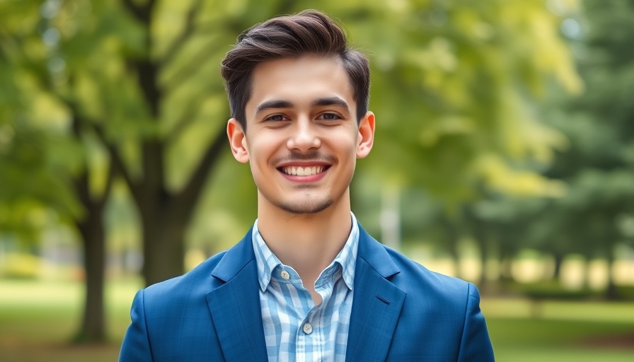 Smiling man in blue suit outdoors representing strategic delegation in restaurant management.