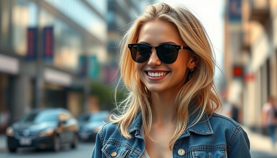 Stylish woman in sunglasses smiling on a city street, future of business