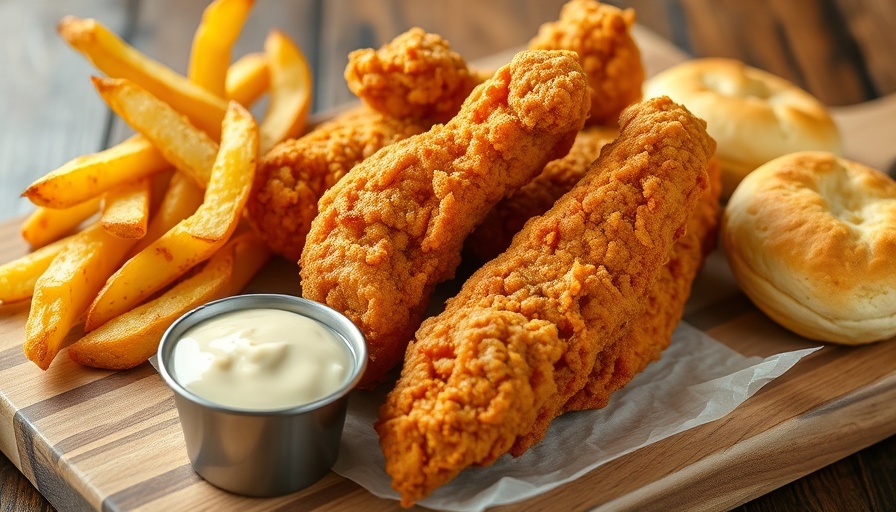 Golden fried chicken tenders with potato wedges and biscuits on a wooden board.