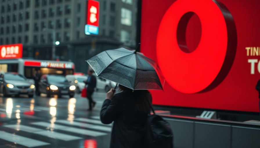 Blurred urban scene with large red logo sign in focus.