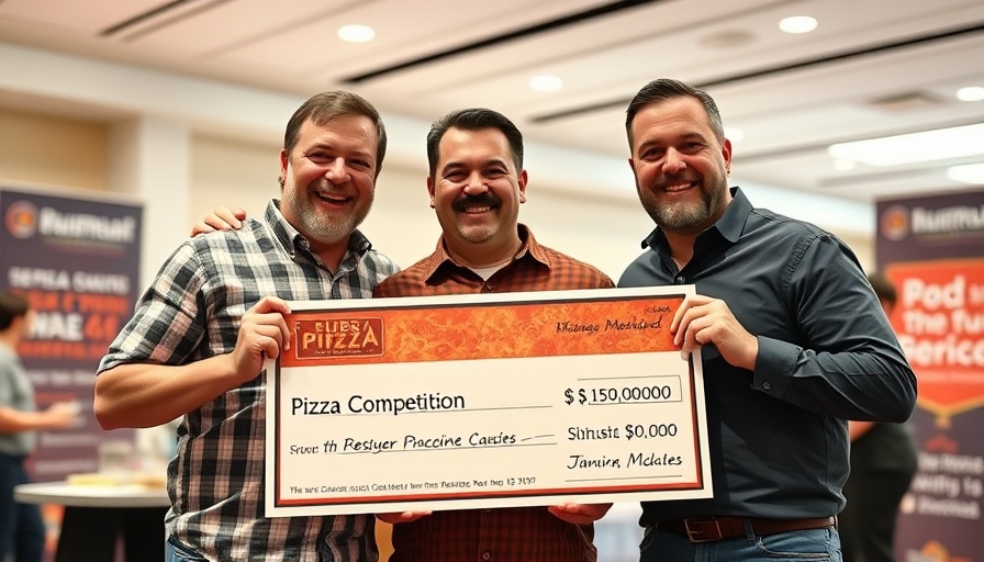 Celebration scene in pizza competition at restaurant industry news event.