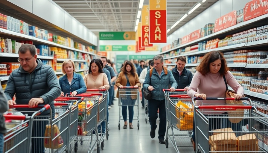 Market Basket shoppers with carts in busy aisle, natural lighting.