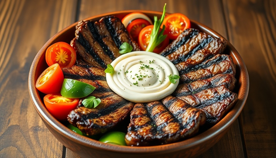 Vibrant Mediterranean steak bowl with steak, vegetables, and dip.