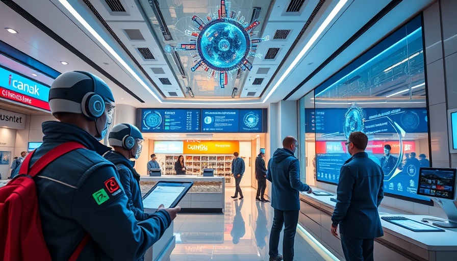 Futuristic AI-driven bank interior with holographic displays.