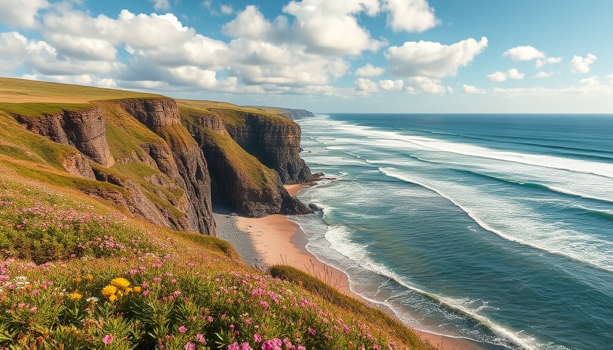 Alentejo region Portugal tourism trends: scenic coastline with wildflowers.