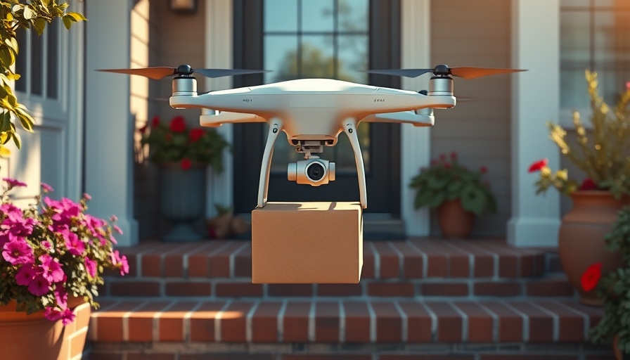 Drone performing aerial delivery at residential home entrance.