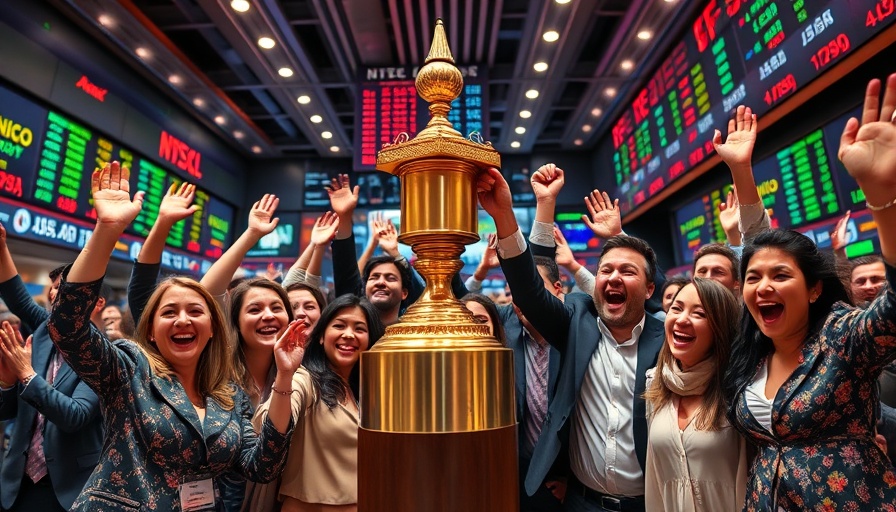 Future of business celebration at NYSE with cheering crowd.