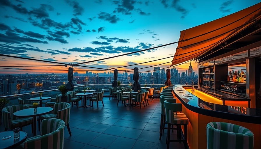 Stylish rooftop bar with Roll-A-Cover retractable roof at sunset.