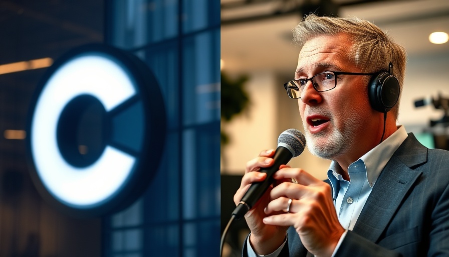 Future of business in media industry exemplified by corporate logo and speaker.