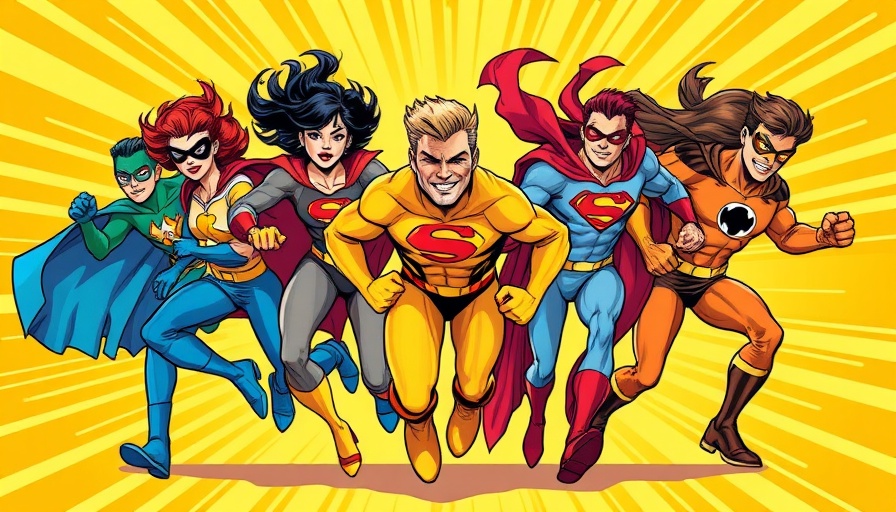 Retro superheroes charging forward, magazine cover.