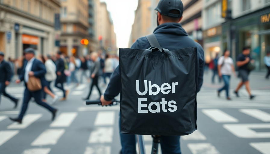 Uber Eats delivery cyclist amid city pedestrians, highlighting grocery delivery discounts.