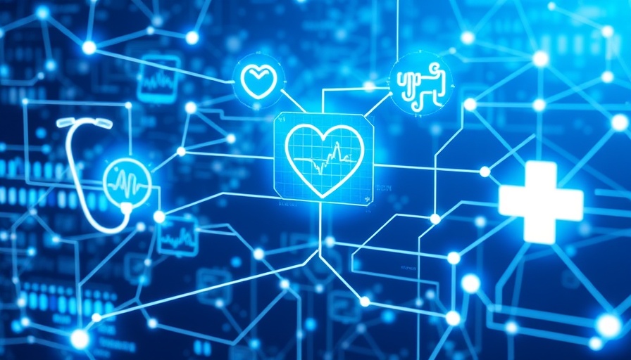 Futuristic depiction of health system integration with digital symbols.