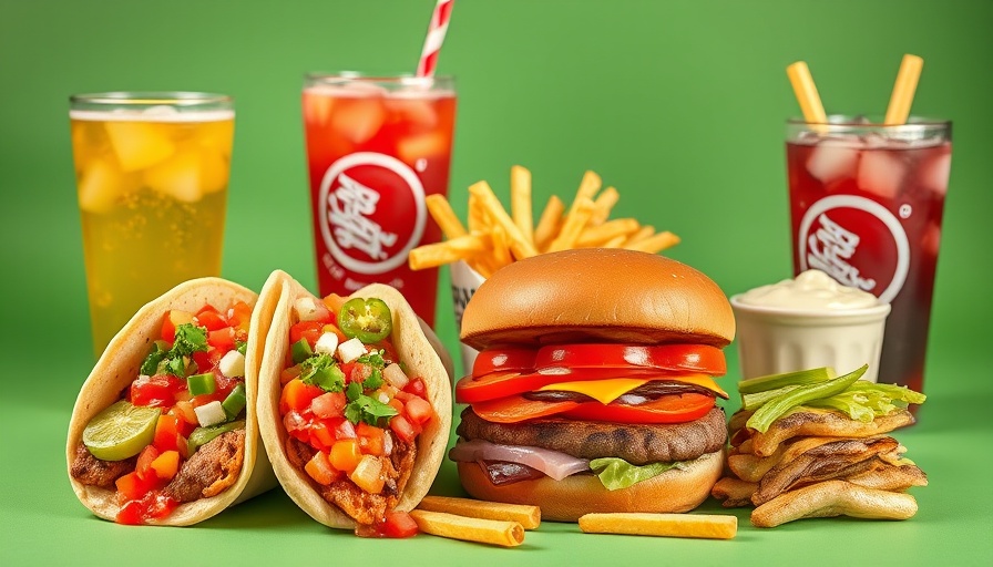 Appetizing fast-food display with tacos, burger, and beverages, restaurant industry news.