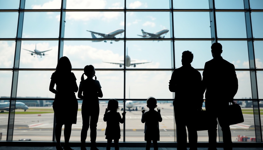 Silhouette of family planning trip at airport terminal.