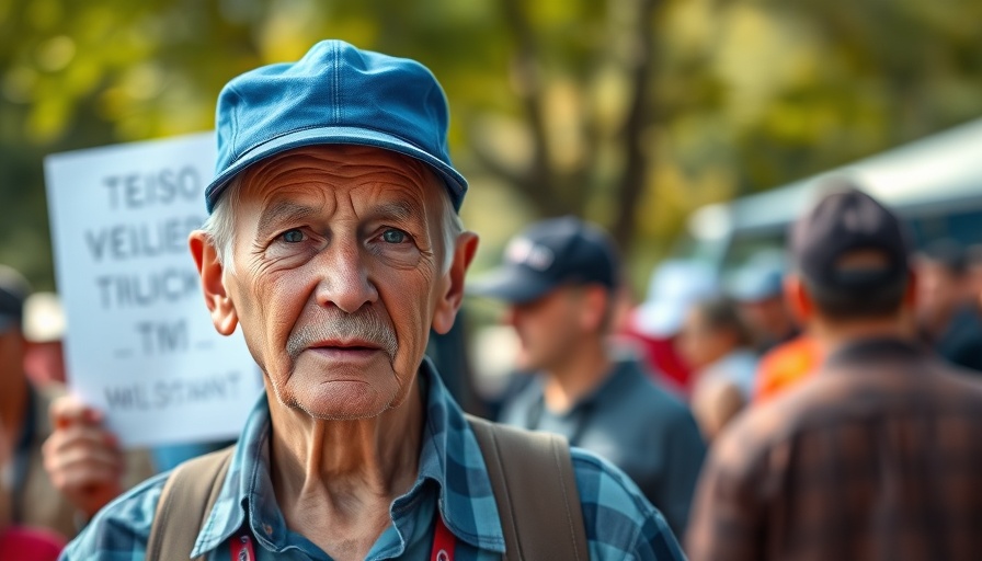 Elderly man wearing blue cap, thoughtful at outdoor event, future of business